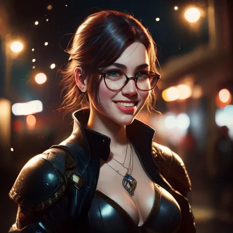 a anton fadeev 8 k, photo-realistic low lighting, roman city, bright city lights, on a dark background, bokeh, a close up of a person wearing glasses, a character portrait, by WLOP, digital art, laughing, side character photo, dan mumford, ashe from overwatch, discord profile picture, grinning lasciviously, archillect