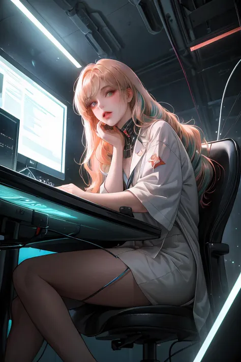 (absurdres, highres, ultra detailed), (1girl), solo, mature, aged up, (wavy long hair:1.3, salmon hair),  looking at viewer, solo, (full body:0.6), detailed background, detailed face, (valvepunkai, retro-futuristic theme:1.1), researcher,     fantastical science lab in background, computers, electronics,    wires, microchips,  bright lighting, flashing lights,, dutch angle