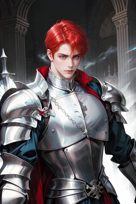 (absurdres, highres, ultra detailed), 1 male, adult, handsome, tall muscular guy, broad shoulders, finely detailed eyes, Fantasy, royal, Knight, very short hair, red hair, blue eyes, stoic, suit of armor, silver armor, big sword, dutch angle