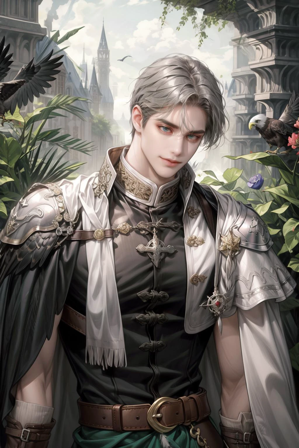 (absurdres, highres, ultra detailed), 1 male, adult, handsome, tall muscular guy, broad shoulders, finely detailed eyes, looking down, solo, upper body, detailed background, detailed face, falconer, bird resting on shoulder, eagle resting on shoulder, falconer gloves, light smile, medieval fantasy setting, high fantasy, gray leather clothes, capelet, straps, belt, serene forest, bushes, river, flowers, birds, feathers, crossbow, mist,, (dutch angle), closed mouth, upper body