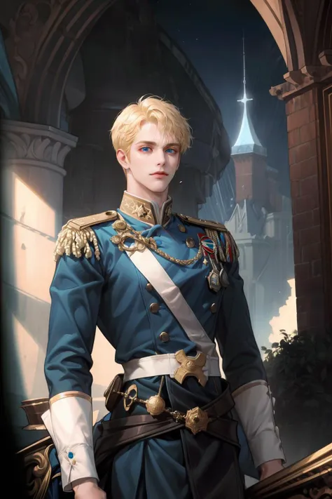 (absurdres, highres, ultra detailed), 1 male, adult, handsome, tall muscular guy, broad shoulders, finely detailed eyes, Fantasy, royal, nobleman, Admiral, short hair, blonde hair, blue eyes, fleet commander, navy, commander, white uniform, dutch angle