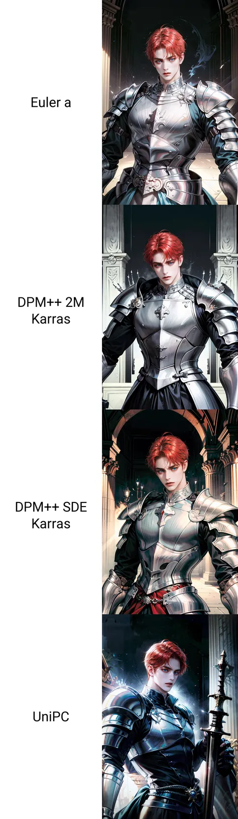 (absurdres, highres, ultra detailed), 1 male, adult, handsome, tall muscular guy, broad shoulders, finely detailed eyes, Fantasy, royal, Knight, very short hair, red hair, blue eyes, stoic, suit of armor, silver armor, big sword, dutch angle