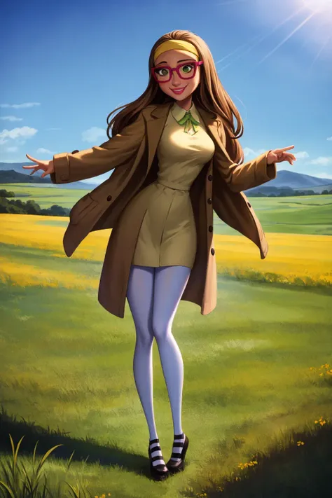 masterpiece, best quality,1girl, hlcivil, solo, headband, long hair, brown hair, coat, full body, glasses, green eyes, lips, smile, white pantyhose, medium breasts, traditional media, long shot, meadow background, blue sky, sunshine <lora:HoneyLemonV2:1>