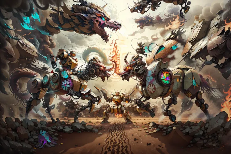 StainedGlassAI battle mech ,<lora:stainedglassai_v10:0.7>, warfield, foggy background, flame, smoke, lightning, fire, fog, loong, <lora:conceptLoongChinaDragon_v10:0.7> ,dunhuang style,<lora:dunhuangStyleCloths_v10:0.4>,StainedGlassAI robot, centaur, <lora:centaurConcept_V1:1> <lora:epiNoiseoffset_v2:1>