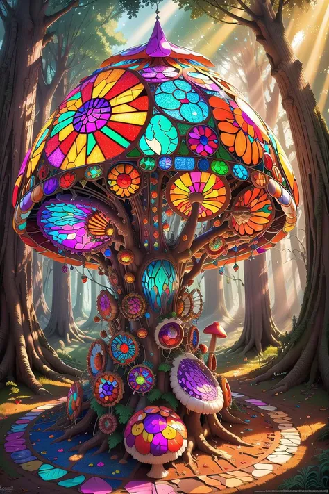 An award-winning digital image of a stainedglassai giant mushroom, sunshafts, colorful, forest, (masterwork:1.2), (dynamic lighting:1.1), intricate details, hd, 8k<lora:morph_konyconi_DecorationBundlev2:0.734>