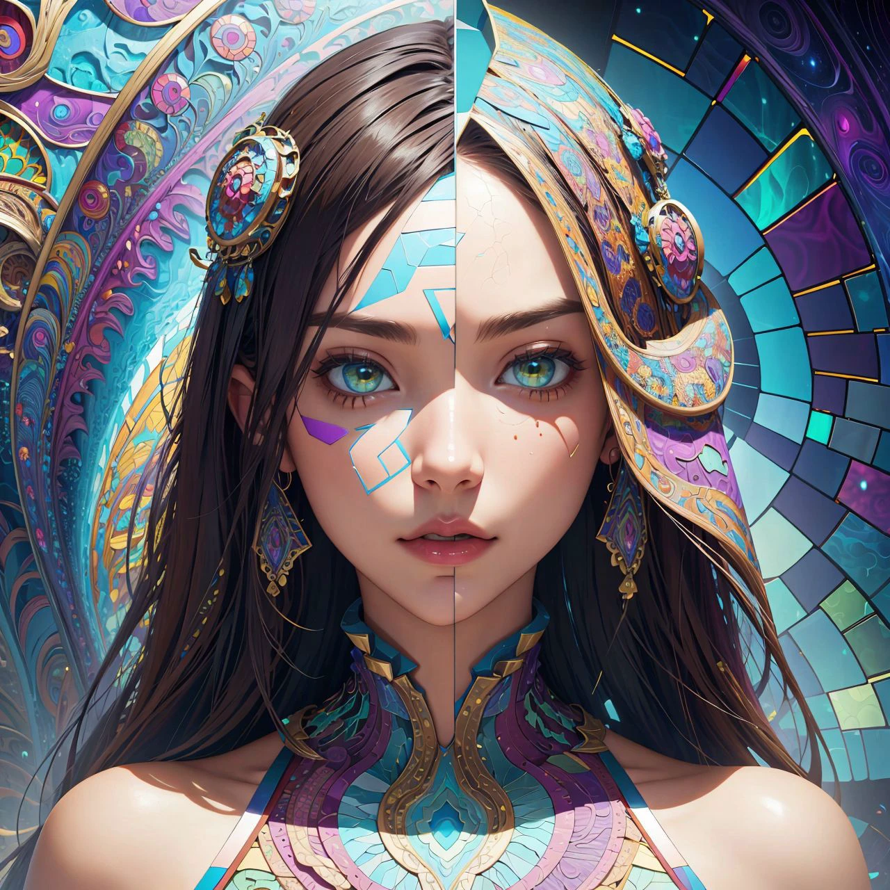 wallpaper, background, scenic landscape, tessellated, topographic style, psychedelic, highly detailed, sharp focus, fractal, <lora:StainedGlassAI:1>