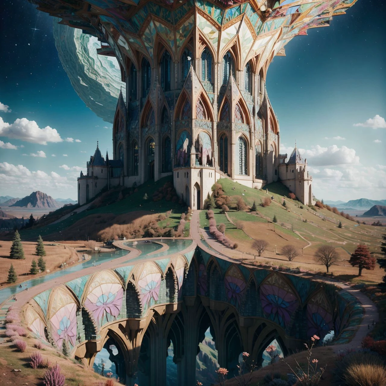 wallpaper, background, scenic landscape, tessellated, topographic style, psychedelic, highly detailed, sharp focus, fractal, <lora:StainedGlassAI:1>