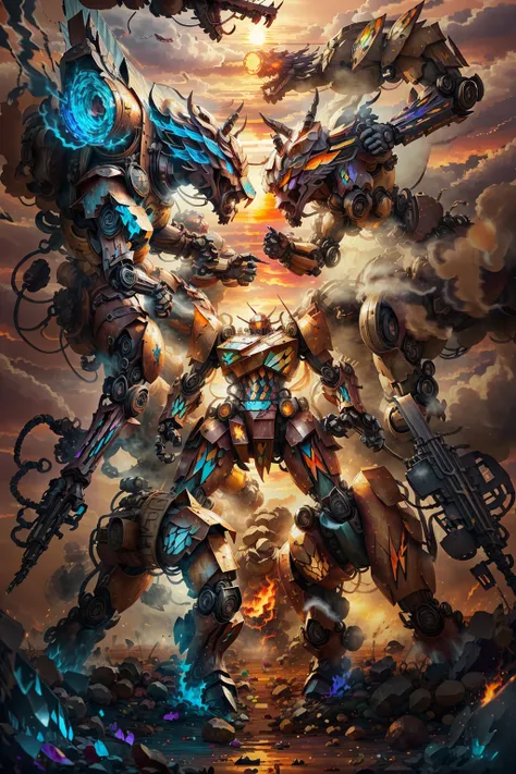 StainedGlassAI battle mech ,<lora:stainedglassai_v10:0.7>, warfield, foggy background, flame, smoke, lightning,  fire, fog, loong, <lora:conceptLoongChinaDragon_v10:0.7> ,dunhuang style,<lora:dunhuangStyleCloths_v10:0.4>,StainedGlassAI  robot,  centaur,  <lora:centaurConcept_V1:0.45> <lora:epiNoiseoffset_v2:1> crystallineai, <lora:crystallineai_v10:0.2>,
rim light, back light, sunset,