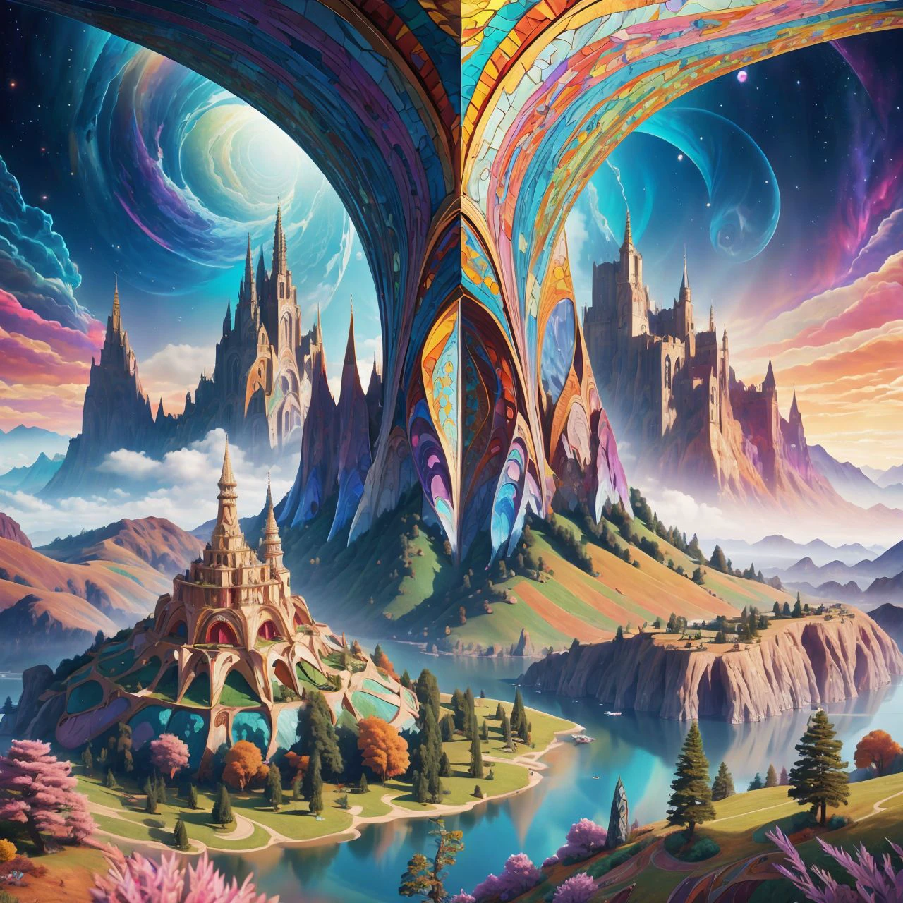 wallpaper, background, scenic landscape, tessellated, topographic style, psychedelic, highly detailed, sharp focus, fractal, <lora:StainedGlassAI:1>