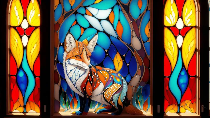 <lora:stainedglassai_v10:0.5> stainedglassai painting of a Fox AND mrblfb04 style panels