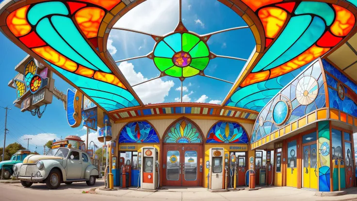 worm's eye view, <lora:stainedglassai_v10:0.5> stainedglassai, wide-angle view of a Gas station, retro-futuristic, detailed, cloisonn panels, finely detailed filigree