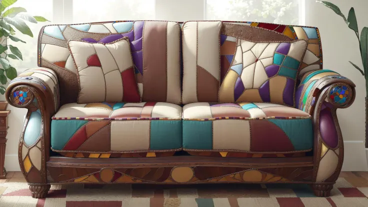 wide-angle view of a <lora:stainedglassai_v10:0.9> stainedglassai Sofa, very detailed