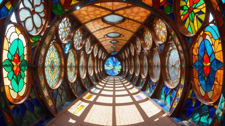 sharp focus photograph, <lora:stainedglassai_v10:0.5> stainedglassai, wide-angle view of a Tunnel, retro-futuristic, detailed, cloisonn panels, finely detailed filigree