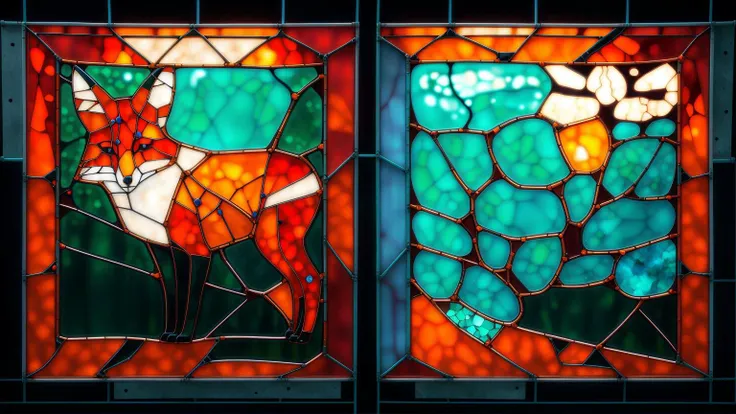 <lora:stainedglassai_v10:0.5> stainedglassai painting of a Fox AND abstract-concepts style panels