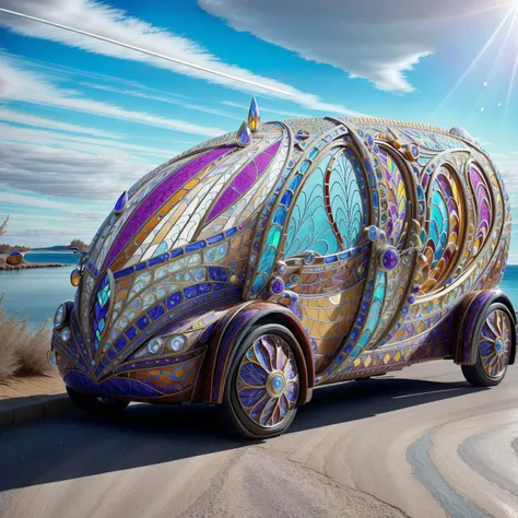 wide-angle view of a <lora:stainedglassai_v10:0.8> stainedglassai Car AND mrblfb04 finely detailed filigree patterns