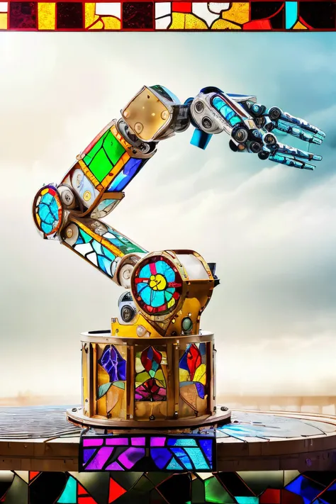 a photo of (stainedglassai robotic arm) in a factory, mshn background, indoors, conveyor belt, sharp focus,
best quality, masterpiece <lora:StainedGlassAI:0.8> <lora:mshn:0.4>