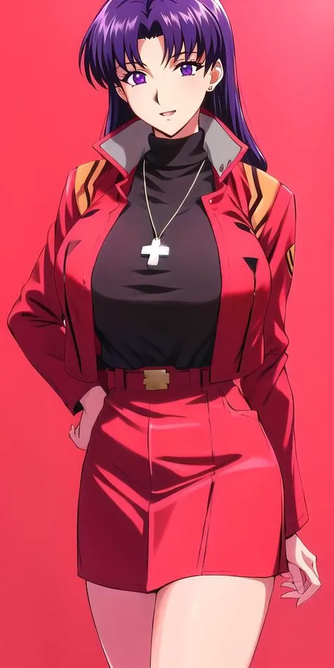 <lora:Katsuragi_MisatoV4:0.6> katsuragi_misato, huge_breasts, standing, solo, Misato_cross_necklace, black_turtleneck_shirt_red_pencil_skirt_red_jacket, masterpiece, best quality, detailed face, detailed eyes, highres,