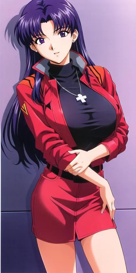 <lora:Katsuragi_MisatoV4:0.6> katsuragi_misato, huge_breasts, standing, solo, Misato_cross_necklace, black_turtleneck_shirt_red_pencil_skirt_red_jacket, masterpiece, best quality, detailed face, detailed eyes, highres,