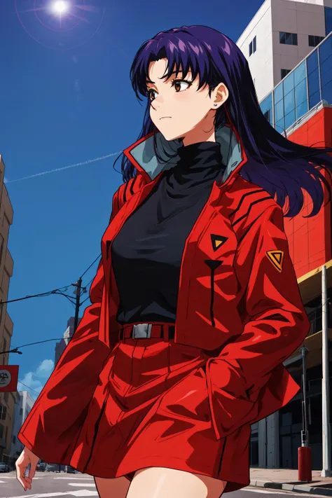 masterpiece,best quality,1girl,mature female,black_turtleneck_shirt_red_pencil_skirt_red_jacket,light frown,looking to the side,standing,blue sky,street,cowboy shot,<lora:Katsuragi_MisatoV4:0.6>,