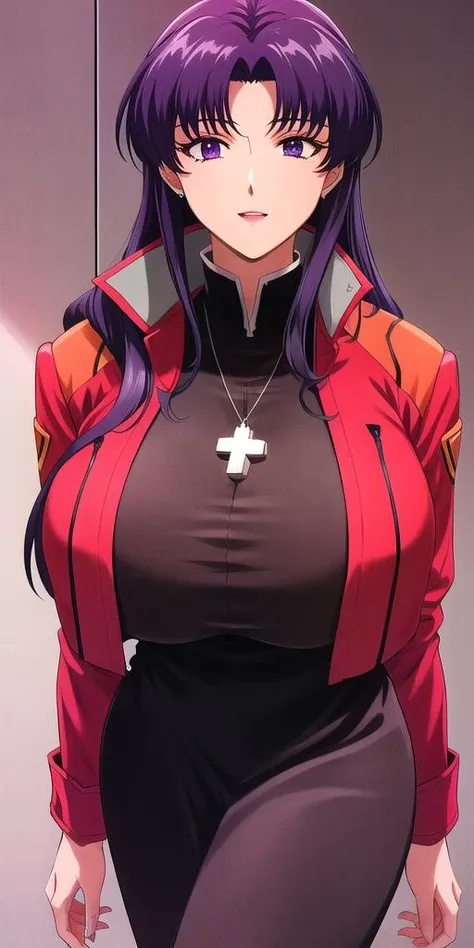 <lora:Katsuragi_MisatoV4:0.6> katsuragi_misato, huge_breasts, standing, solo, Misato_cross_necklace, black_pencil_dress_high_collar_red_jacket, masterpiece, best quality, detailed face, detailed eyes, highres,