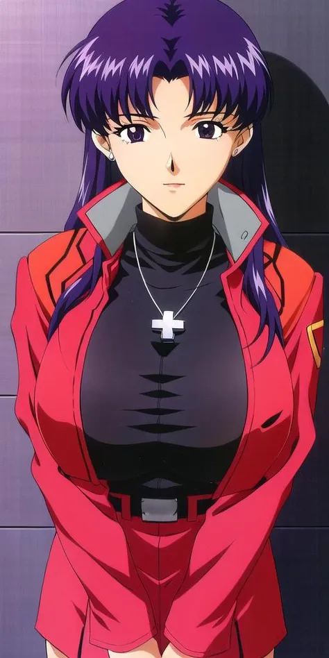 <lora:Katsuragi_MisatoV4:0.7> katsuragi_misato, huge_breasts, standing, solo, Misato_cross_necklace, black_turtleneck_shirt_red_pencil_skirt_red_jacket, masterpiece, best quality, detailed face, detailed eyes, highres,