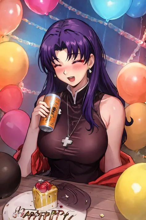 8K RAW photo, masterpiece, best quality, black_pencil_dress_high_collar_red_jacket, Misato_cross_necklace, closed eyes, blushing, happy, open mouth, a birthday girl, holding a can of beer, balloons, (birthday cake:1.3), birthday candles, presents, banner, confetti, purple hair, <lora:Katsuragi_MisatoV4:.8> <lora:birthday_girl-000004:.7>, <lora:add_detail:.5> <lora:GoodHands-beta2:1>
