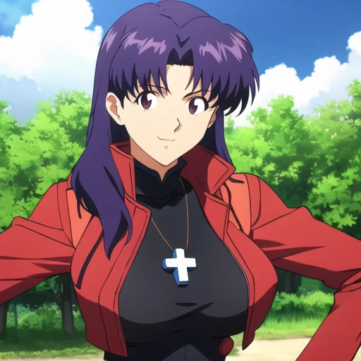 masterpiece, best quality,extremely_detailed_CG_unity_8k_wallpaper,extremely detailed_eyes,,evangelion: 3.0 you can \(not\) redo,1girl, solo, Katsuragi_Misato, brown eyes,indigo hair,big_breasts, cross_necklace ,red jacket, <lora:misatoKatsuragiNeon_v10:0.6>, 40 years old female,mature female,sky, upper body, smile,<lora:toLoveRu_10:0.3>, <lora:animeScreencapStyle_v230epochs:0.3>,anime screencap,