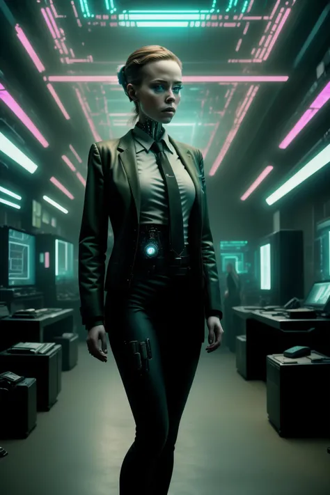 Create a striking, edgy, and abstract representation of a Secret agent, blending realism and symmetry with glitches and binary elements in his stealthy exterior, she is wearing revealing office suit
