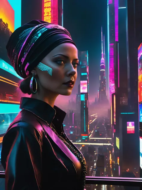 a woman wearing a turban and a necklace ,A final stand, rebels and cyber-enhanced heroes rallying against an onslaught of digital monstrosities, the clash of worlds erupting in a blaze of neon and fury. , cyberpunk, futurism, Synthetic , Euphoric , Sky-high observation deck, soaring above the city, panoramic glass walls, breathtaking metropolis views, augmented reality overlays, feeling on the edge of the future. , Dede Pickering<lora:Synaptic_Shadows:1><lora:Synaptic_Shadows:1>