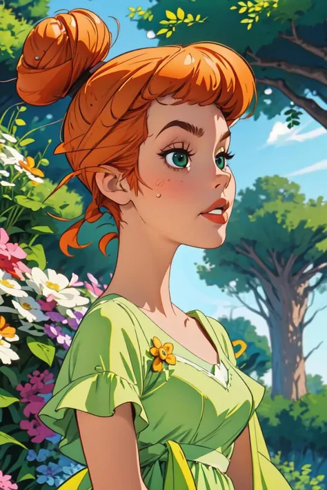 ((best quality)), ((masterpiece)), (detailed),(high-resolution:1.2),  adult woman, face close up
1 girl, Agecanonix, orange hair, single bun, green dress