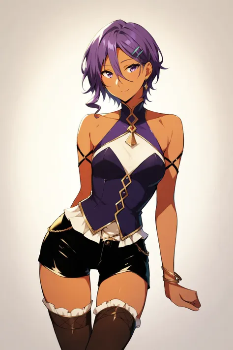 alternate costume,  bare shoulders, black legwear, bracelet,  detached sleeves, jewelry, purple hair, ribbon, short sleeves, shorts, thighhighs, <lora:Ren:0.6>ren,dark-skinned female, purple eyes, purple hair,short hair,dark skin, small breasts,hair between eyes, hair ornament, hairclip, <lora:age_slider_v4:4>, Score_9, Score_8_up, Score_7_up, Score_6_up, Score_5_up, Score_4_up, BREAK,1girl in full growth, best quality, masterpiece, ultra-detailed, high quality,good quality,1 girl,(master piece,high resolution, ultra detailed,8K,16K),look at viewer