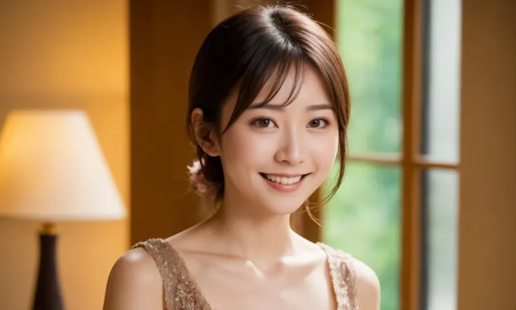 1 japanese woman,(27yo),cute,brown eyes ,catch light:, natural skin,brown hair, indoor ,light smile,thin formal dress