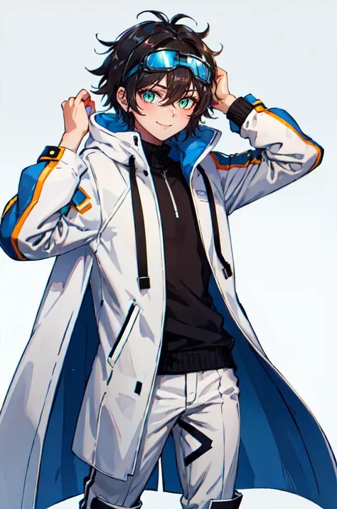 <lora:Garcia-Style-v1.1:1>, ultra detailed, masterpiece, best quality, solo, smile, 1boy, green eyes, short hair, black hair, bangs, hair between eyes, messy hair, goggles on head, headband, white coat, hooded coat, hood down, open coat, turtleneck, capri pants, pants, black knee boots,
