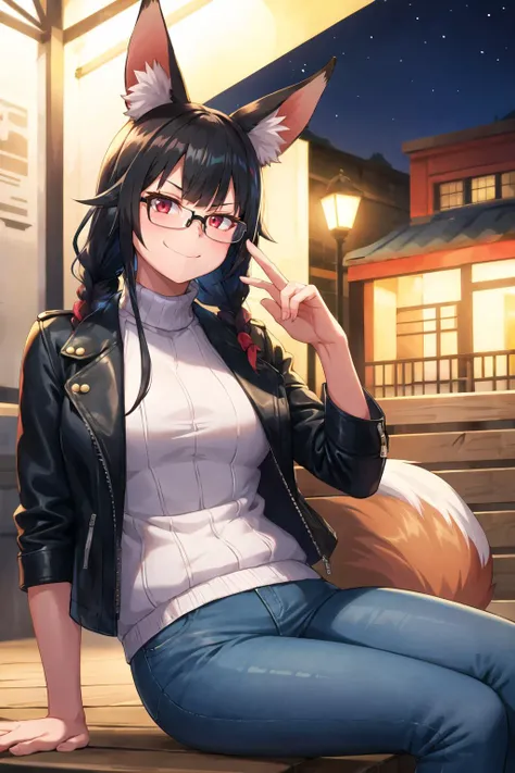 1girl, solo, sidelocks, twinbraids, black hair, red eyes, smug, smirk, glasses, sitting, bench, partk, at night, long hair, white sweater,( leather jacket, black jacket:1.2), fox girl, fox ears, fox tail, jeans, black tail, skindentation, <lora:garcia-Style-v2-000012:1>