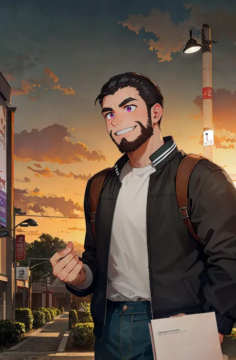 (1boy) , (male focus) ,<lora:gender_slider_v1:-3>,GS-Masculine, middle-aged man, Cambodian, (Purple eyes Wide Set Eye Shape ), High-arched eyebrows, (light brown short hair hairstyle with amish beard), chubby body shape,wearing Tiffany blueTrack Jacket with jeans,<lora:ClothingAdjuster3:-0.75>, (solo focus),  upper body, , naughty smile , Thumbs Across the Neck Gesture, (masterpiece),(best quality:1.4),(high resolution),absurdres,extremely delicate and beautiful,ultra high res,famous artwork,official art,beautiful and aesthetic,detailed skin,highest detailed,intricate detailed,complicate background,shallow depth of field,hdr,amazing,colorful,vibrant colors,soft light,light source,,, background A bustling, vibrant Tokyo street during cherry blossom season at Sunset,<lora:gracia-Style-v2:0.8>