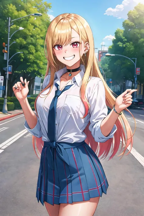 masterpiece, best quality, highres, kitagawa marin, 1girl, blonde hair, long hair, multicolored hair, red eyes, jewelry, earrings, piercing, school uniform, white shirt, tied shirt, black choker, blue necktie, plaid skirt, <lora:kitagawa_marin_v1-1:0.7>, grin, smile, standing, cowboy shot, outdoors,<lora:Garcia-Style-v1.1-final:1>