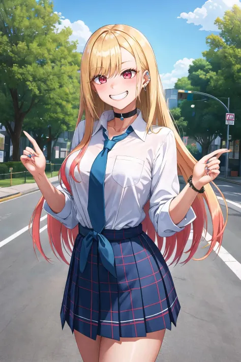 masterpiece, best quality, highres, kitagawa marin, 1girl, blonde hair, long hair, multicolored hair, red eyes, jewelry, earrings, piercing, school uniform, white shirt, tied shirt, black choker, blue necktie, plaid skirt, <lora:kitagawa_marin_v1-1:0.7>, grin, smile, standing, cowboy shot, outdoors,<lora:garcia-Style-v2-000012:1>