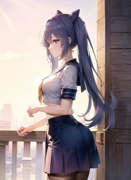 (extremely detailed CG unity 8k wallpaper,masterpiece, best quality, ultra-detailed, intricate detail),(best illumination, best shadow, an extremely delicate and beautiful), 1girl, keqing, serafuku, outdoors, sun, outdoors