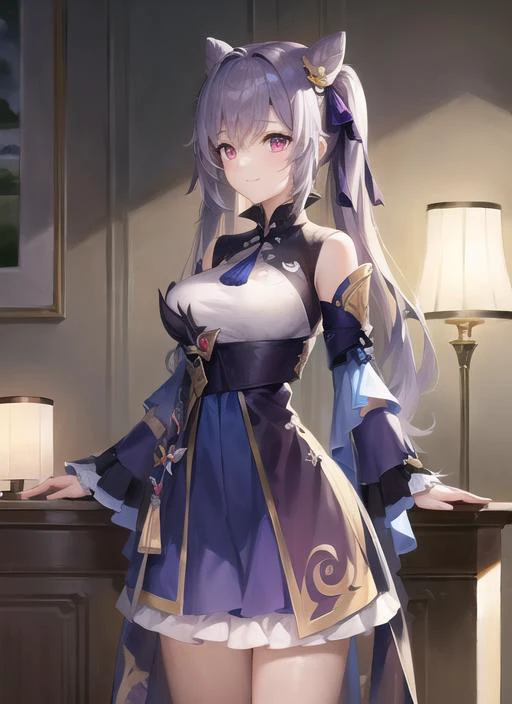 (extremely detailed CG unity 8k wallpaper,masterpiece, best quality, ultra-detailed, intricate detail),(best illumination, best shadow, an extremely delicate and beautiful), 1girl, keqing, keqing_base_uniform, standing, light smile
