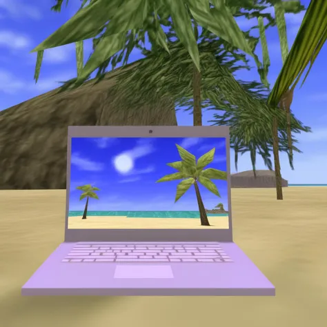 n64style, a laptop on a lush tropical beach, palm trees, blue sky, in-game screenshot, low poly, low resolution <lora:oot-xl-merge-final:1>