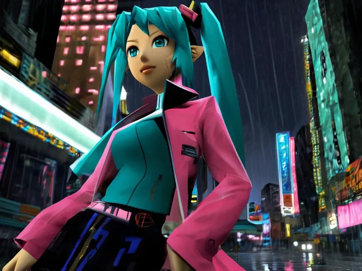 <lora:diffusion64-v2:1> n64style, n64, 3d, low poly, ((ocarinaoftime)), portrait of hatsune miku, blue skirt, pink jacket, night city, cyberpunk, rainy