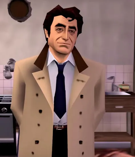 columbo the video game released for nintendo 64 in 1997 starring peter falk, 3d, low poly, n64style, ocarinaoftime, trenchcoat, necktie, kitchen interior, brown hair<lora:epoch-000028:1>