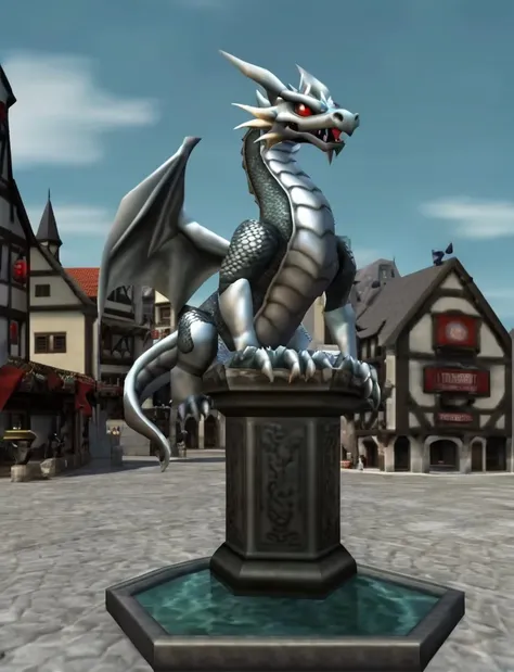 n64style, ocarinaoftime, a (reflective steel material statue:1.3) of a silver dragon statue on pedestal in water fountain with red gemstone eyes in the middle of a town square<lora:d64-v2-rc1:1>