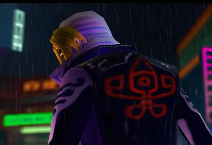 n64style, ocarinaoftime, cyber warrior in biker jacket and bandana, neon light street scene, long hair, black hair, raining, sunglasses, cyberpunk, leather jacket, n64, 3d, neo-tokyo, night, moody lighting<lora:d64-v2-rc1:1.1>