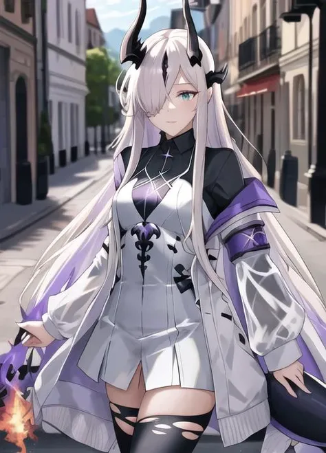 masterpiece, best quality, highres, 1girl, town background, <lyco:eblana-000015:0.88>, eblana, dragon horns, hair over one eyes, green eye, torn thighhighs, white dress, black shirt, white coat, transparent sleeves, purple fire, dragon tail, black sleeves, horns