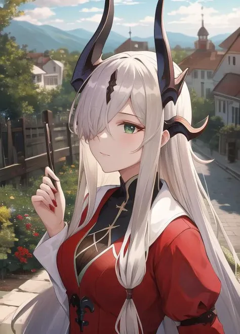 masterpiece, best quality, highres, 1girl, town background, <lyco:eblana-000015:0.7>, eblana, dragon horns, hair over one eye, green eye, red dress