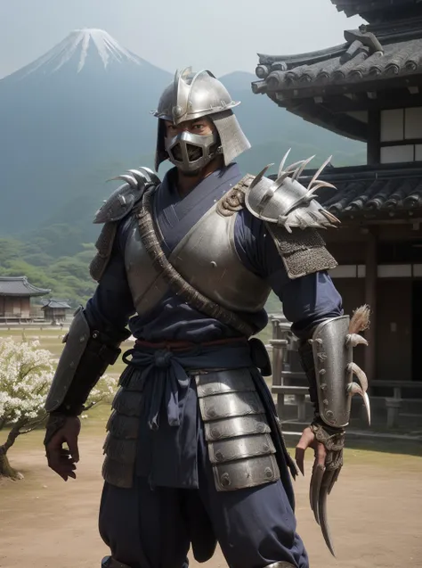 (cinematic:1.3), ((on a battlefield in Japan, rural japan, trees, japanese mountains, battle, landscape, ancient japanese huts, japanese temples in distance, ancient japan war, bokeh, realistic lighting, ray tracing, bloom:1.4)), ((masterpiece, best quality, highres, absurdres)), a high resolution RAW photo of ((a TMNTShredder 1man armored samurai knight with claw gauntlets)), <lora:90sTMNT_Shredder:0.4>, ((wearing full samurai armor with pauldrons and metal samurai helmet with mask)), ((muscular, fitness physique)), atmospheric, ((photorealism, photorealistic:1.4)), 8k, highly detailed, intricate detail
