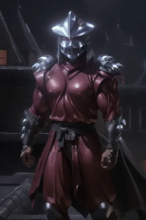((high resolution, masterpiece, perfect face, high quality)), realistic, perfect face, <lora:90sTMNT_Shredder:.8> Shredder, muscular build, red chainmail, bladed armor, helmet, (city rooftops, night time)