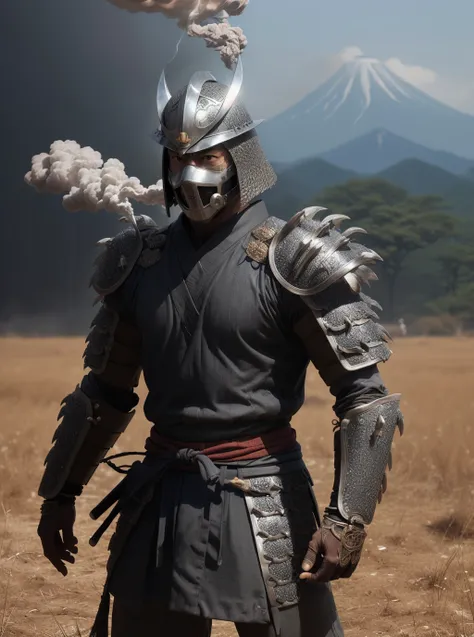 (cinematic:1.3), ((on a battlefield in Japan, japanese wilderness, smoke, fire, trees, japanese mountains, battle, landscape, ancient japan war, bokeh, realistic lighting, ray tracing, bloom:1.4)), ((masterpiece, best quality, highres, absurdres)), a high resolution RAW photo of ((a TMNTShredder 1man armored samurai knight with claw gauntlets)), <lora:90sTMNT_Shredder:0.4>, ((wearing full samurai armor with pauldrons and metal samurai helmet with mask)), ((muscular, fitness physique)), atmospheric, ((photorealism, photorealistic:1.4)), 8k, highly detailed, intricate detail
