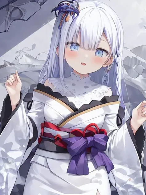 (from below:1.2), torako, 1girl, white hair, white kimino, long hair, blue flower, blue eyes, bare shoulders, pattern, white pantyhose, indoors <lyco:LoCon-torako:0.7>